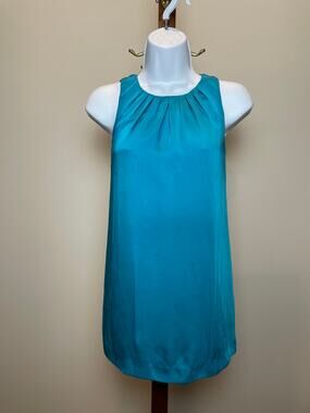 Express Turquoise Satin Sleeveless Tunic Top Pleated Neckline Detail Size S